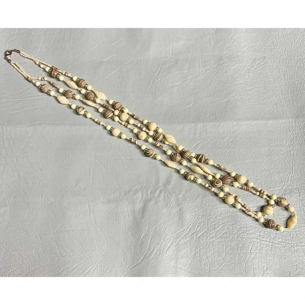 Vintage Cream Brown Necklace‎ Double Strand Marbled Glass Acrylic Beads